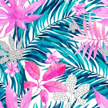 Suluboya tropikal çiçek, yaprak dikişsiz desen. Alışılmadık çiçekler, yapraklar, doodle elemanları arka plan ile yaprak siluetleri Çizim. Modern doğal tasarım için el boyalı egzotik illüstrasyon