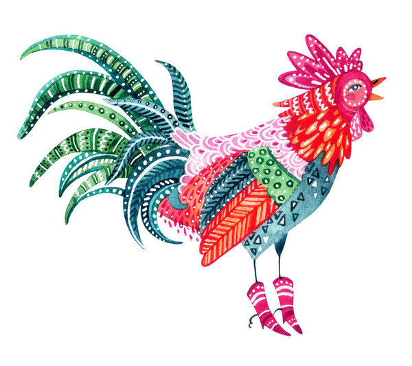Watercolor ornate rooster isolated on white background. Native patterned rooster - the symbol of chinese new year. Hand painted decorative animal illustration can be used for winter new year design