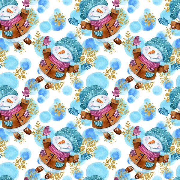 子供っぽいスタイルの背景に水彩漫画の雪だるま 落ちる雪片の間で陽気な笑顔を持つ雪だるまシームレスなパターン クリスマス 新年のデザインのための手描きの冬の季節のイラスト — ストック写真