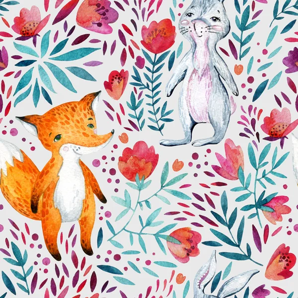 Watercolor cute cartoon bunny and fox seamless pattern. Forest animal and detailed flowers, petals, leaves, natural elements background. Wild animals friendship. Illustration for childish design