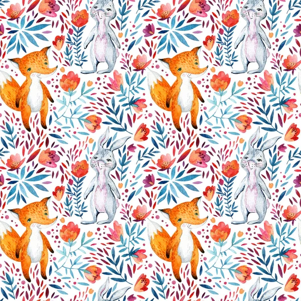 Watercolor cute cartoon bunny and fox seamless pattern. Forest animal and detailed flowers, petals, leaves, natural elements background. Wild animals friendship. Illustration for childish design