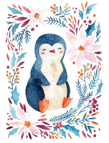 Akvarell Barnslig Pingvin Och Utsmyckade Blommor Holly Frön Krans Söt — Stockfoto