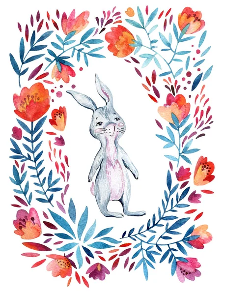 Watercolor cute cartoon bunny, ornate flowers wreath. Forest animal and detailed flowers, petals, leaves, natural elements - flourish circle background. Hand painted illustration for childish design