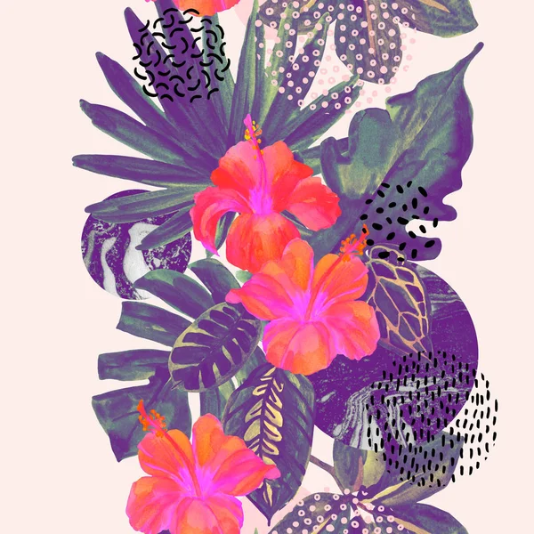 Aquarell Tropische Blumen Auf Geometrischem Hintergrund Handgezeichnete Blume Fächerpalme Monsterblätter — Stockfoto