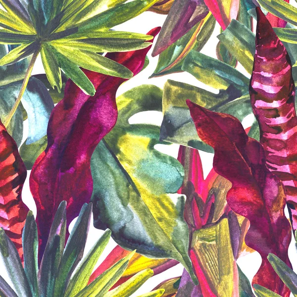 Aquarelle Feuilles Tropicales Motif Sans Couture Dans Des Couleurs Vives — Photo