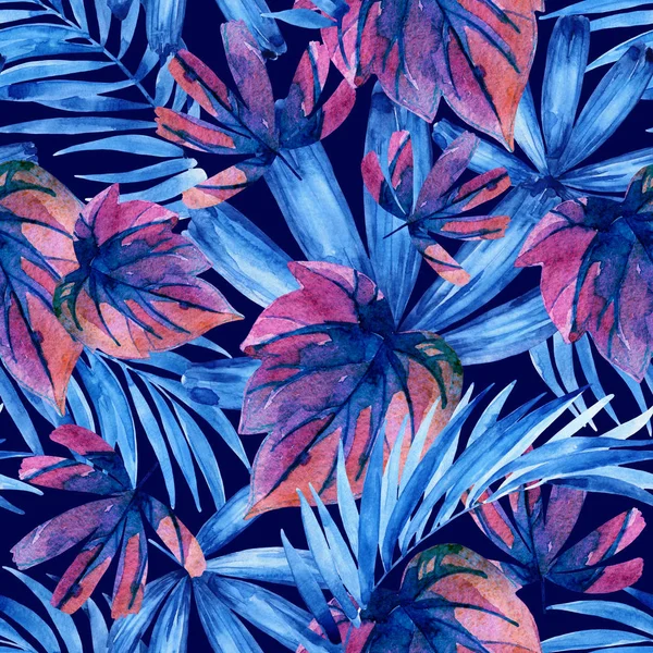 Aquarelle Bleu Feuilles Tropicales Colorées Motif Sans Couture Paume Peinte — Photo