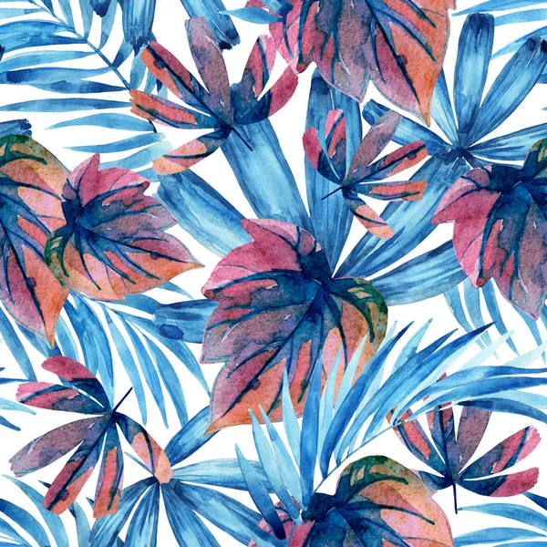Akvarell Kék Színű Trópusi Levelek Varrat Nélküli Mintát Kézzel Festett — Stock Fotó