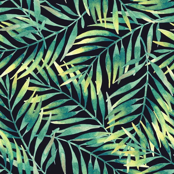 Simple watercolor palm leaves seamless pattern. Hand painted tropical leaf on black backgound. Art illustration for natural design