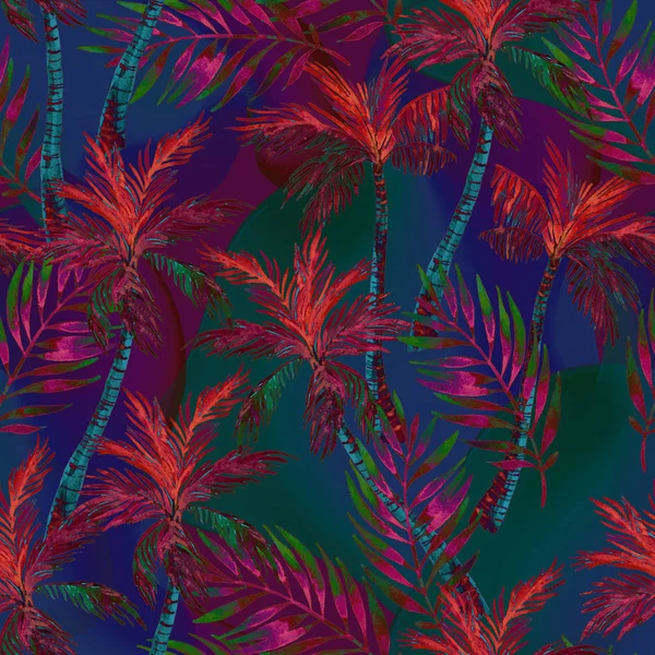 抽象大胆多彩的棕榈树无缝图案 明亮的霓虹灯背景上的热带水彩树 彩色艺术图解 — 图库照片