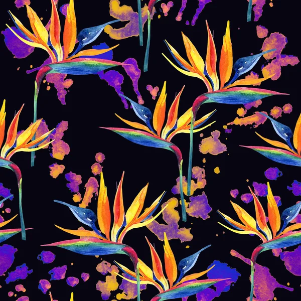 Akwarela Malarstwo Tropikalne Kwiaty Kolorowe Staines Bezszwowe Wzór Akwarelowa Sztuka — Zdjęcie stockowe