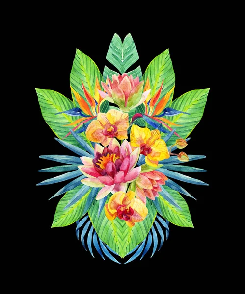 熱帯の花の水彩画 黒い背景に隔離された葉 水彩蘭 水リリーの花 葉の対称芸術 夏のデザインのための手描きのイラスト — ストック写真