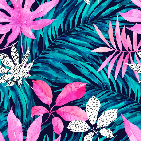 水彩热带叶无缝图案 绘制不寻常的叶子 叶子剪影与涂鸦元素背景 手绘异国情调的现代自然设计插图 — 图库照片