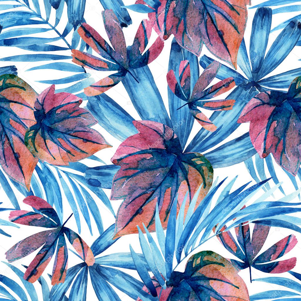 Watercolor blue colored tropical leaves seamless pattern. Hand painted palm, monstera, fan palm leaf background. Art illustration for summer natural design