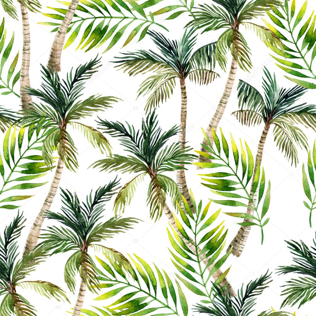 Watercolor palm tree and leaves seamless pattern. Tropical palm background. Hand painted illustration, nature art