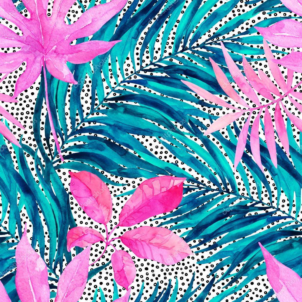Watercolor tropical leaf seamless pattern. Drawing of unusual leaves on doodle elements background. Hand painted exotic leaves illustration for modern natural design