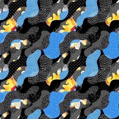 Sıvı şekiller, geometrik, minimal, grunge öğesi, karalamalar, dokular soyut seamless modeli. Suluboya resim bauhaus, memphis tarzı. Arka plan, kumaş, Tekstil için sanat tasarım