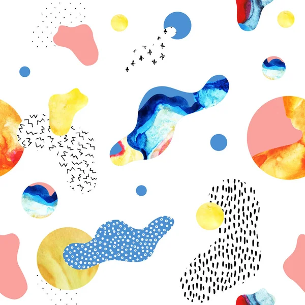抽象无缝图案的流体形状 格格元素 水彩画在布豪斯 孟菲斯风格 抽象背景 纺织品的艺术设计 — 图库照片