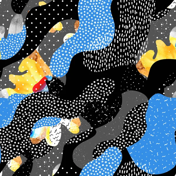 抽象无缝图案的流体形状 格格元素 水彩画在布豪斯 孟菲斯风格 抽象背景 纺织品的艺术设计 — 图库照片