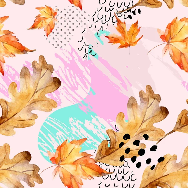 秋のオークの抽象的なシームレス パターン カエデの葉 流体図形 最小限のグランジ要素 落書き バウハウス メンフィス スタイルの水彩イラスト アート — ストック写真