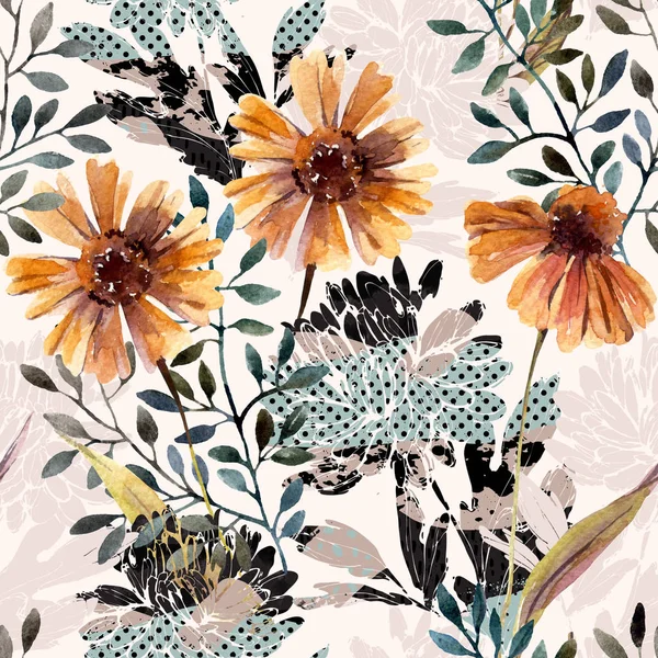 Podzim Pozadí Abstraktní Květinový Vzor Bezešvé Akvarelu Květiny Listí Větve — Stock fotografie
