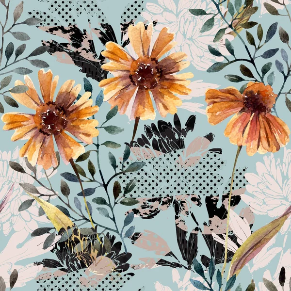 Ősz Hátterét Absztrakt Zökkenőmentes Virágmintás Akvarell Virágok Levelek Ágai Tele — Stock Fotó