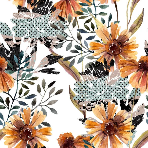 Fundo Outono Padrão Sem Costura Floral Abstrato Flores Aquarelas Folhas — Fotografia de Stock
