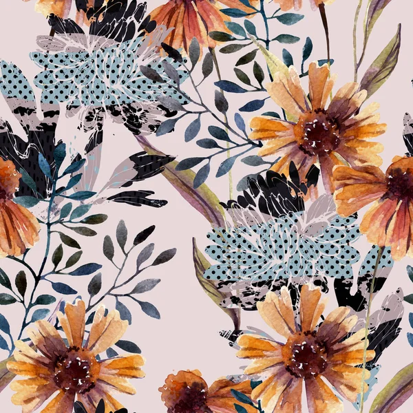 Hösten Bakgrund Abstrakta Sömlösa Blommönster Akvarell Blommor Blad Trädgrenar Fylld — Stockfoto