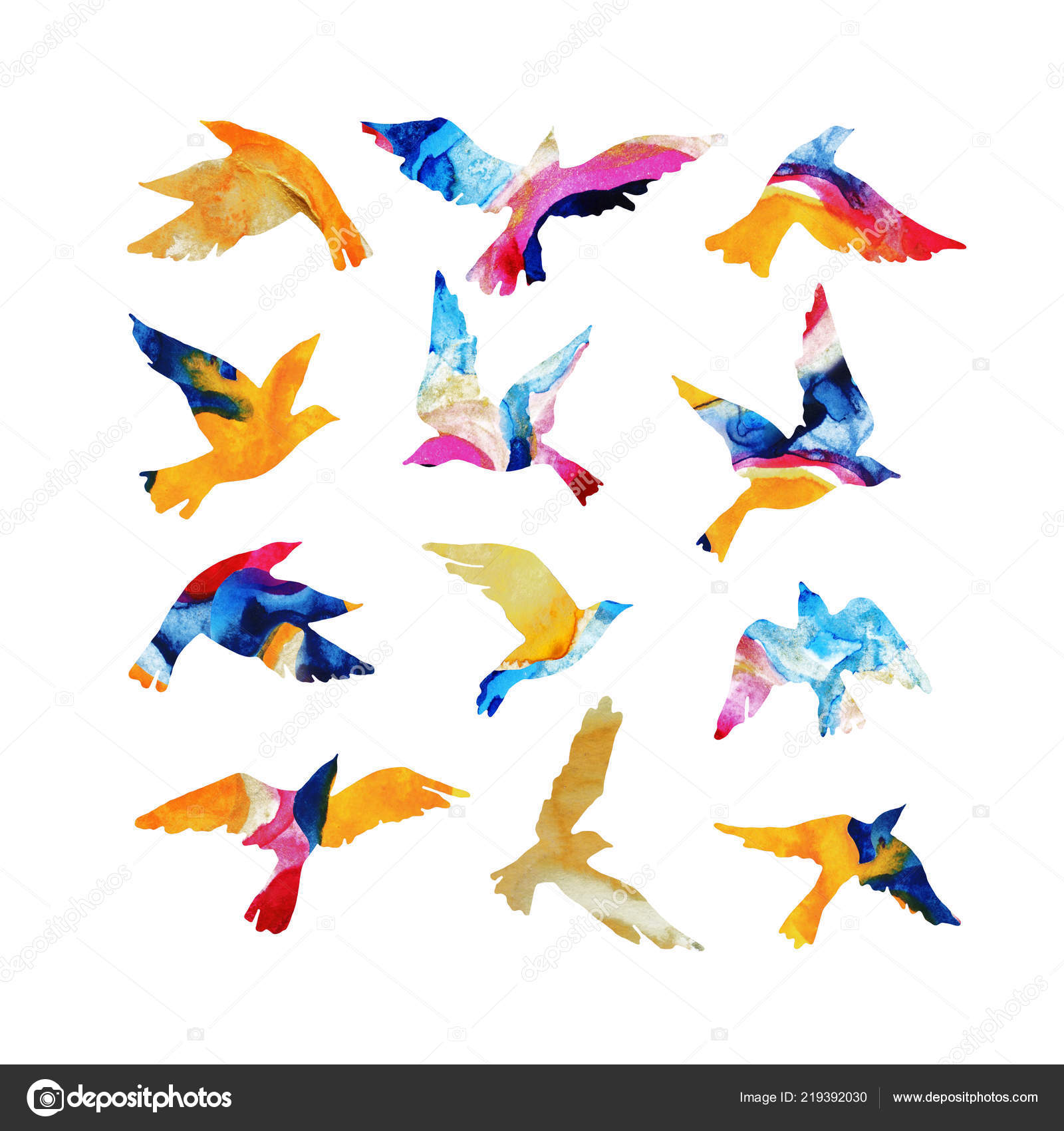 Artistique Aquarelle Silhouettes Oiseaux Vol Rempli Mabling