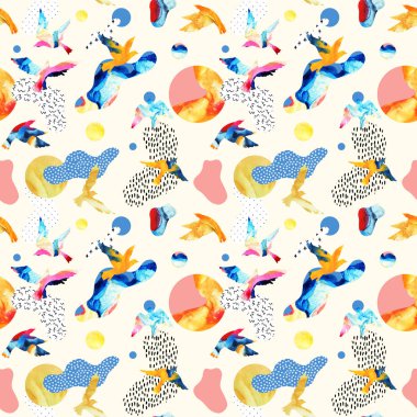 Soyut Dikişsiz desen uçan kuş silhouettes, sıvı şekiller, geometrik, minimal, grunge, karalamalar, dokular. Suluboya resim bauhaus, memphis tarzı. Arka plan sanat