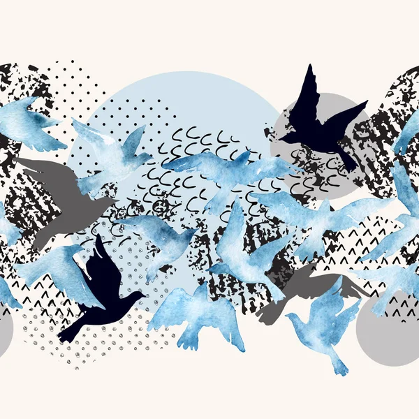 水彩の芸術の背景 最小限 グランジでいっぱい飛んでいる鳥のシルエット 流体の図形 テクスチャを落書き 抽象的なシームレス パターン モダンなデザイン — ストック写真