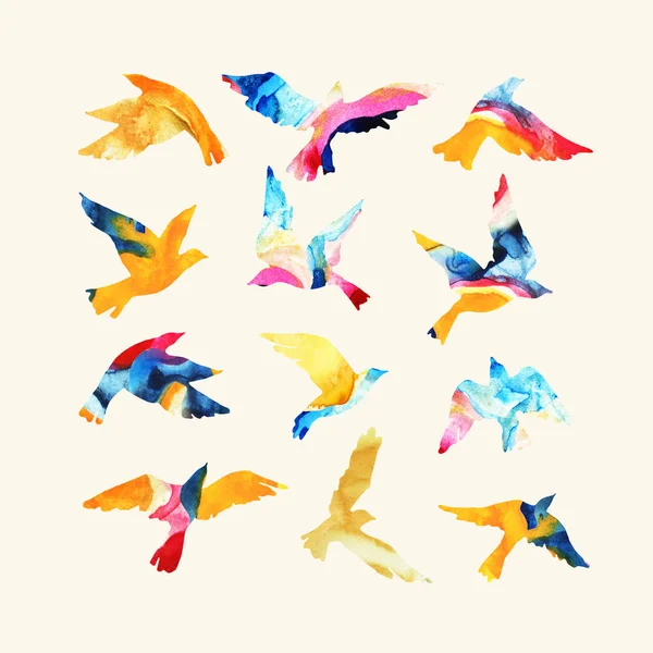 Artistic watercolor flying bird silhouettes filled with mabling textures, fluid bright colors, isolated on white background. Hand drawn animal illustration for modern design
