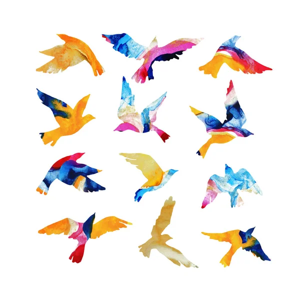 Artistic Watercolor Flying Bird Silhouettes Filled Mabling Textures Fluid Bright — Stock Photo, Image