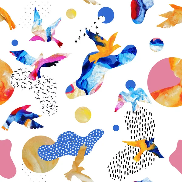飛行鳥のシルエット 流体図形 幾何学的なミニマル グランジ 落書き テクスチャの抽象的なシームレス パターン バウハウス メンフィス スタイルの水彩イラスト — ストック写真
