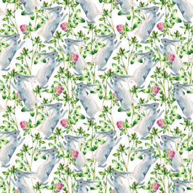 Çiçeklerin arasında gri tavşan. Suluboya çayır desenli, tavşanlı, yonca çiçekli. Tekstil, kumaş, yaz arkaplanı vs. için el boyaması illüstrasyon
