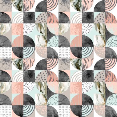 Modern kesintisiz geometrik desen: semicircles, daireler, kareler, grunge, mermer, suluboya dokular, karalamalar. Arka plan İskandinav tarzı. Popüler sanat için kağıt, tekstil, yazdırma