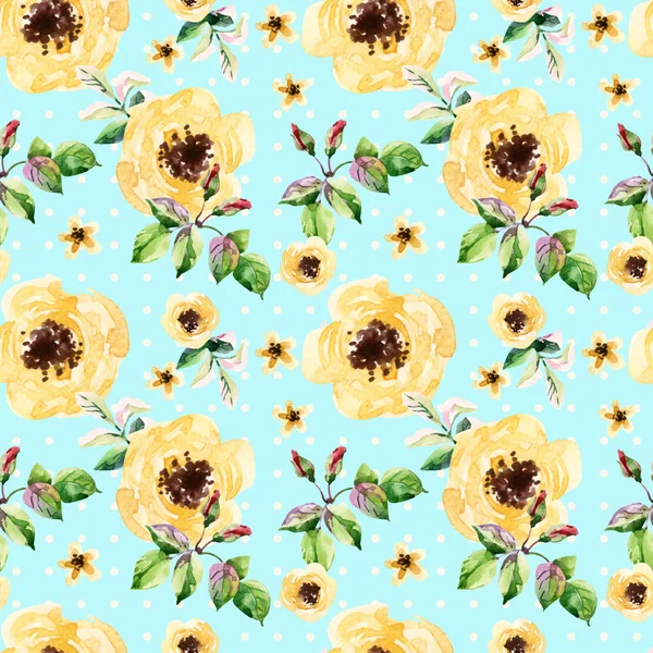 Polka Dot Arka Plan Üzerinde Soluk Sarı Çiçekler Suluboya Çayır — Stok fotoğraf