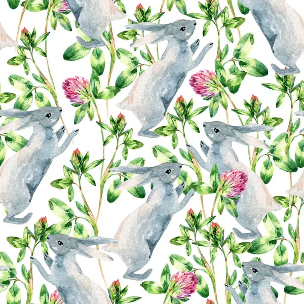 Grey rabbit among flowers. Watercolor meadow seamless pattern with bunny, clover flower. Hand painted illustration for textile, fabric, summer background etc