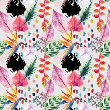 Doğa kusursuz desen. El çizilmiş soyut tropik yaz arka plan: suluboya renkli yaprakları, çiçekler, suluboya fırça darbeleri, grunge, karalama dokular. Parlak 90'ların renklerinde sanat illüstrasyonu