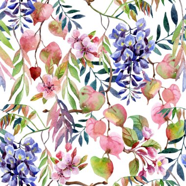Bahar sezonu arka plan sanat. Suluboya wisteria çiçek, sakura çiçeği, ağaç dalları, renkli yaprakları. Çiçek seamless modeli. El çizimi boyalı