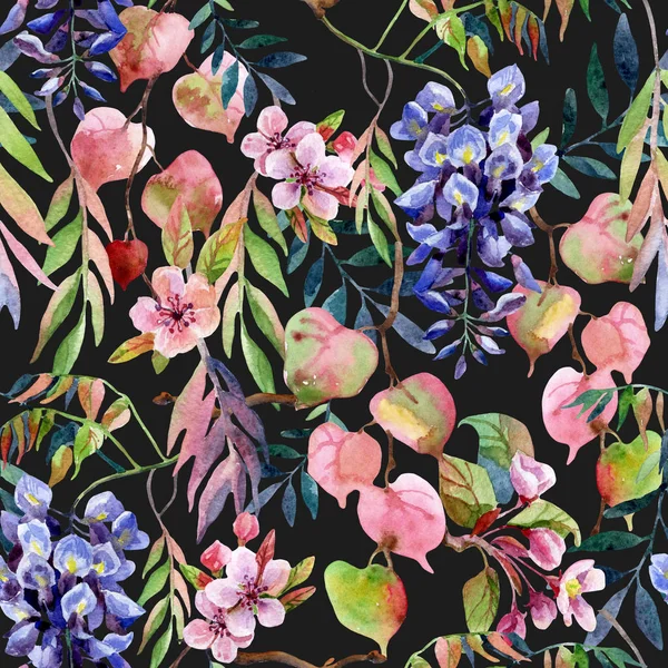 春季艺术背景 水彩紫藤花 五颜六色的叶子 花卉无缝模式 手绘的例证 — 图库照片