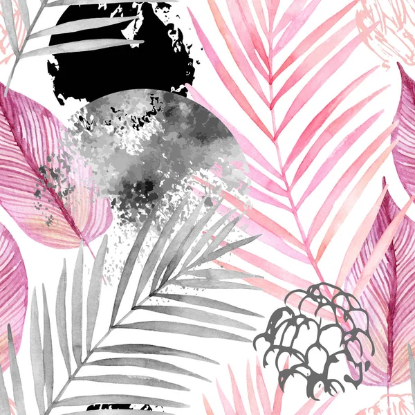 自然のシームレスなパターン 手の描かれた抽象的な熱帯の夏背景 水彩のヤシの木の葉 グランジ 落書きテクスチャ パステル調のピンク色でアート イラスト — ストック写真