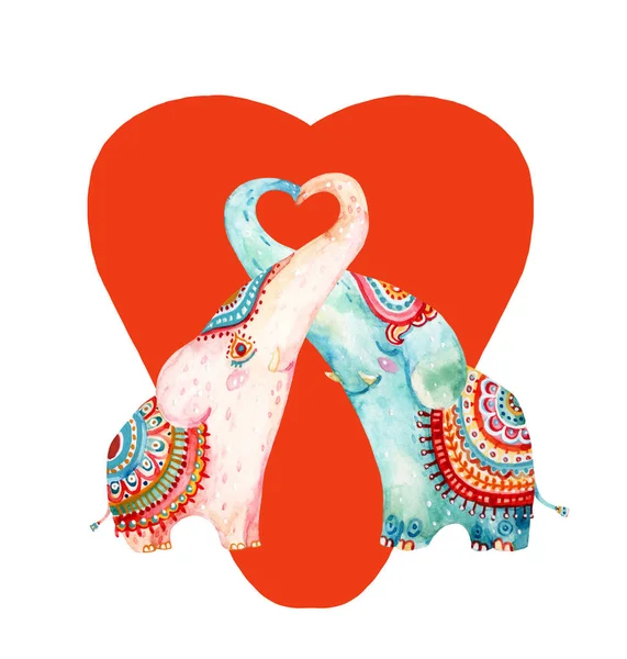 白い背景に隔離された美しい象の水彩画のペア 漫画スタイルで愛の概念 手描きかわいい動物イラスト — ストック写真