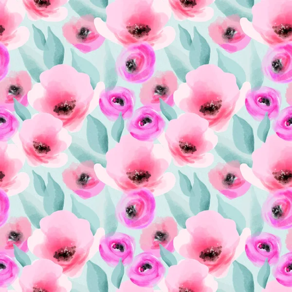水色粉红色的花和叶子无缝的图案 数字花卉艺术背景 剪贴簿 面料等艺术花插画 — 图库照片