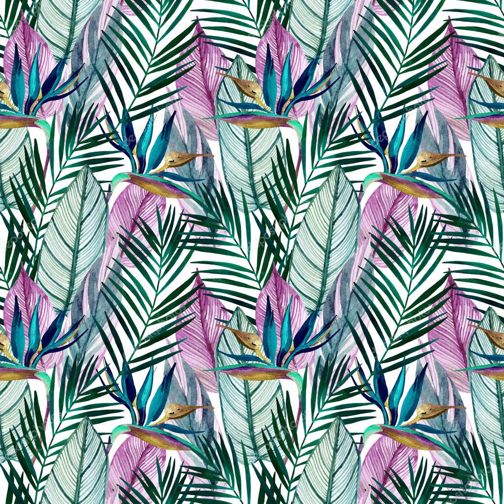 Watercolor tropical seamless pattern with bird-of-paradise flower, palm leaves. Exotic flowers, leaves on light background. Hand painted natural illustration