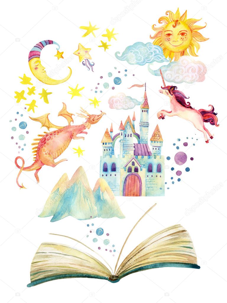 Watercolor open book with magic world isolated on white background. The whole fairy tale in book: stars, moon, sun, magic castle, dragon, unicorn. Hand painted book illustration for childish design