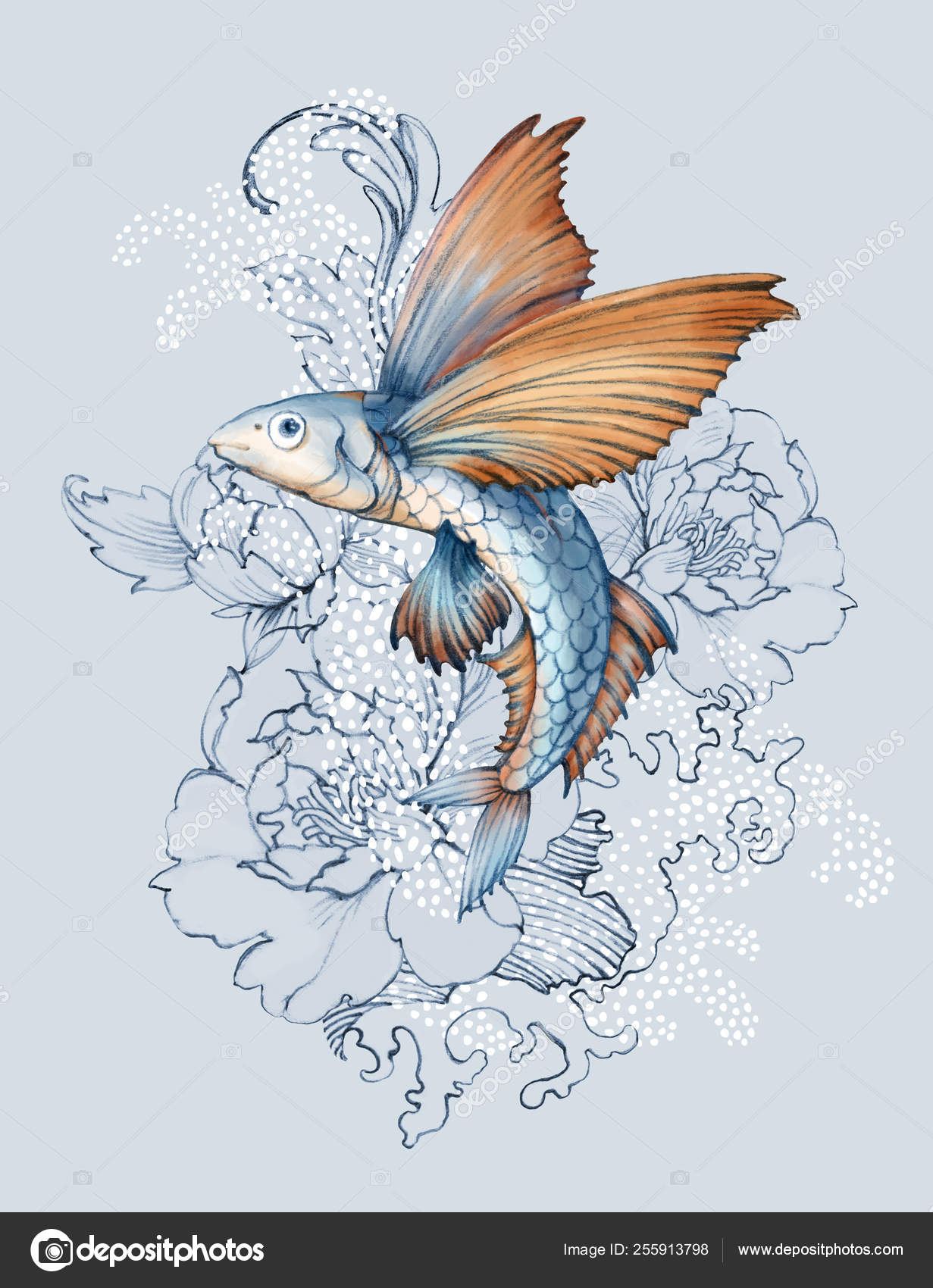 Flying fish on peonies background. Digital art painting in watercolor style.  Stock Illustration by ©Tetiana_Syrytsyna #255913798
