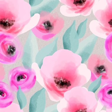 Suluboya pembe çiçekler ve yaprakları dikişsiz desen