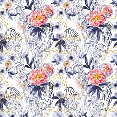 Denizanaları, balık, şakayık çiçekleri ve yaprakları bir okul ile sanatsal illüstrasyon