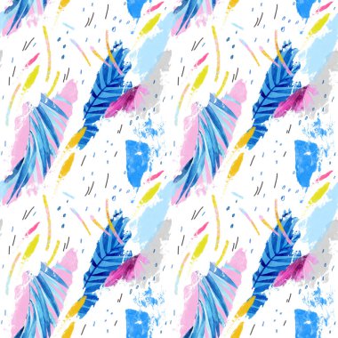 Tropikal yaprakları, grunge, suluboya dokular, kaba fırça darbeleri, minimal elemanları ile modern illüstrasyon