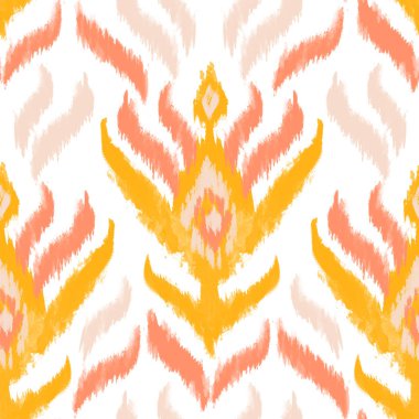 Ikat tekstil dikişsiz desen. Suluboya etnik motifler: çizgili, eşkenar dörtgen, çiçek süsü